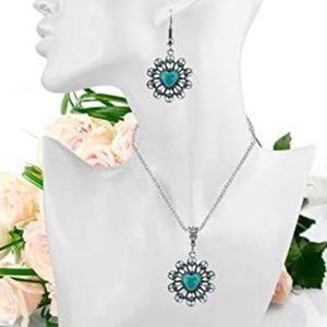 Turquoise Rhinestone Earrings Necklace Jewelry Set